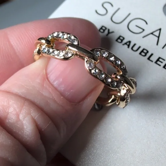 Sugarfix by Bauble Bar Gold Tone Chain Link Ring with Crystals Size 8 - Picture 5 of 5